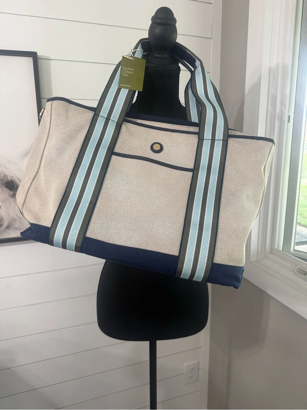 Paravel Medium Cabana Tote Cream Blue Canvas Stripe Travel Beach Market  NWT